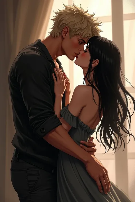 Boy with ash blonde hair and white skin, muscular, black shirt, black pants, carrying and kissing a girl with long black hair and pale skin, dress 5