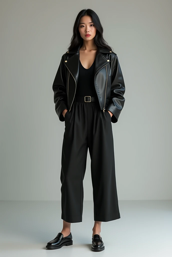 Tall Asian woman standing with legs slightly apart wearing leather jacket, leather pants and leather flat shoes.