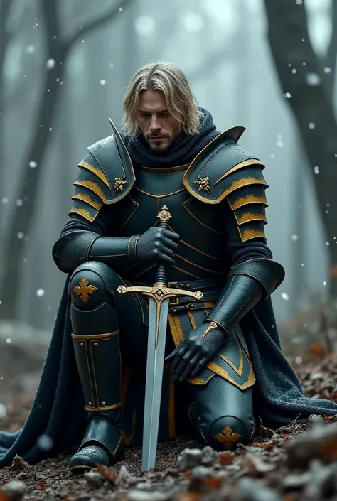 a sad man, Blonde and medium hair, sticking sword into the ground, Kneeling, royal costume style armor black with yellow stripes, snowflakes falling, Forest destroyed, best quality, High details, OctaneRender 8K, 