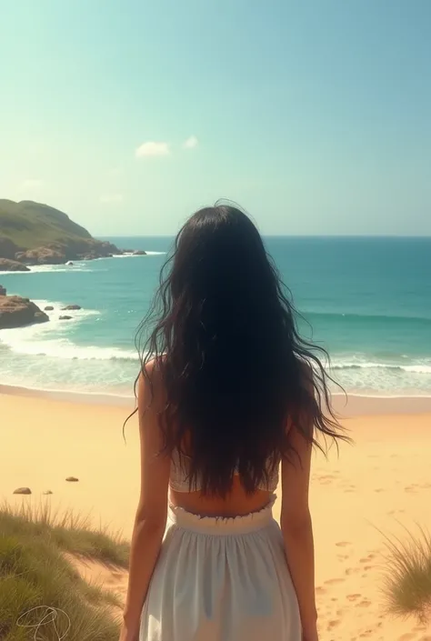 Woman black hair on the beach portugal back