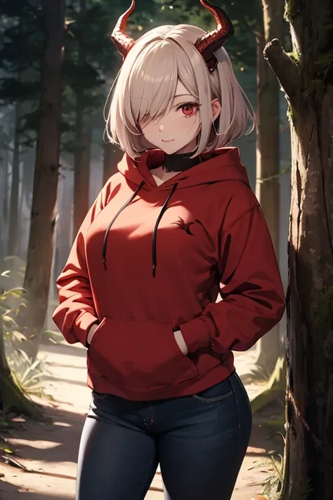 Tall and busty copper dragon girl　It has the large horns, wings and tail of a copper-coloured dragon.　She has long cream-colored hair tied back in a bob.、Hiding one eye with bangs　red eyes　Wearing a red hoodie、Wear jeans、Wearing black gloves　Slouching in t...