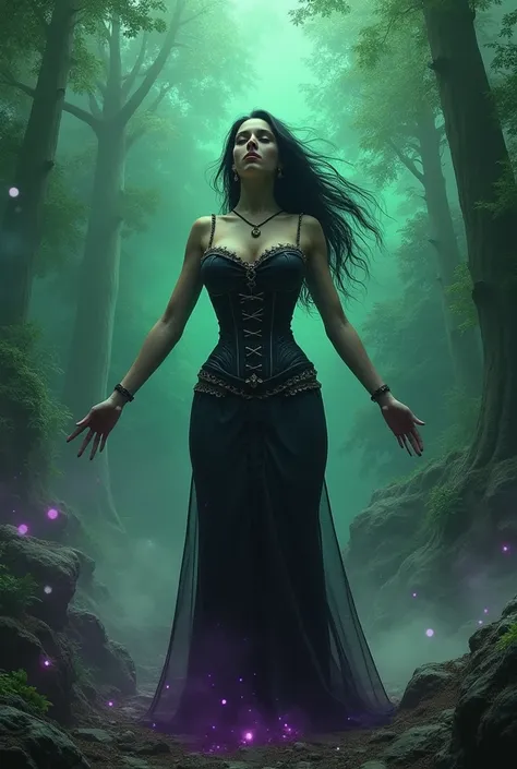 woman, Necromancer, full breasts, corset, raising a strong zombie from the earth, green and purple lights, forest, on the edge of a pit, 