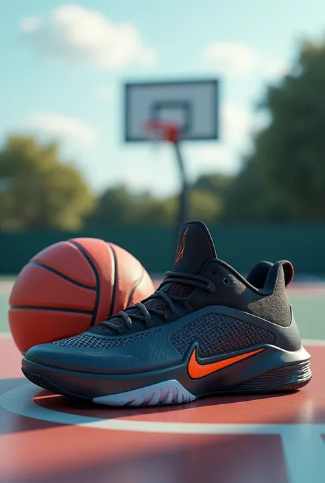 a basketball shoe with a ball next to it, In the distance you can see a basketball hoop, on a basketball court 