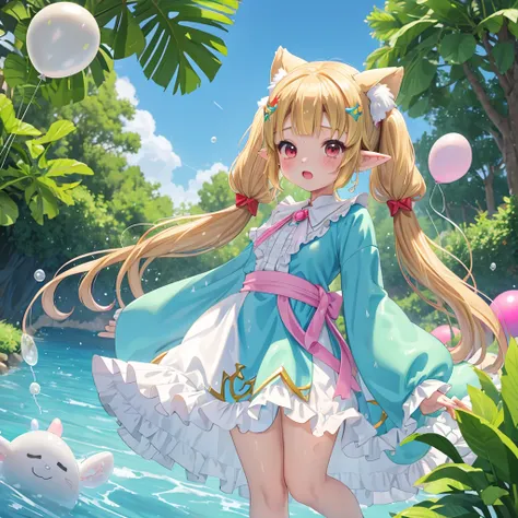 Princess Zelda、、Children、Under the sun、Slime、one piece、Frills、Twin tails、Curly Hair、Peeing、Rubber balloon、red、Animal ears, Big ribbon、Embarrassing、Clothes get wet and become transparent