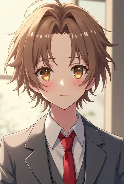 Male student, grey jacket, red tie, shoulder length brown blonde hair, round honey-colored eyes, blushing cheeks, Feminine features and slim body