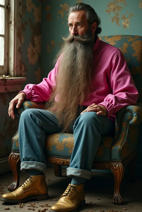 I want a guy with a mile-long beard sitting in a falling-apart chair with a gold shoe and a pink blouse made of ruby 

 
 
