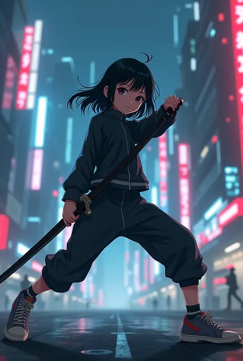 An anime teenage girl with fair-lenghted black hair and high top sneakers standing in a futuristic city and a black sword facing backwards. and make her a little bit older with track suite. night time. nonchalant face in a fighting stance