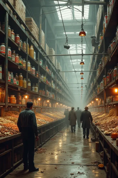 Create an image with an old warehouse full of groceries and some customers in the background