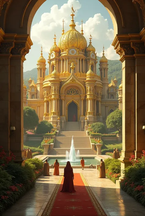 A great palace built of gold and silver surrounded by a very beautiful garden. In front of the palace are some male and female slaves covering their faces and waiting to receive the king..