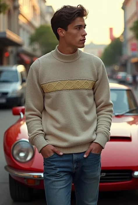 slim guy wearing sweater 1986 background sport car