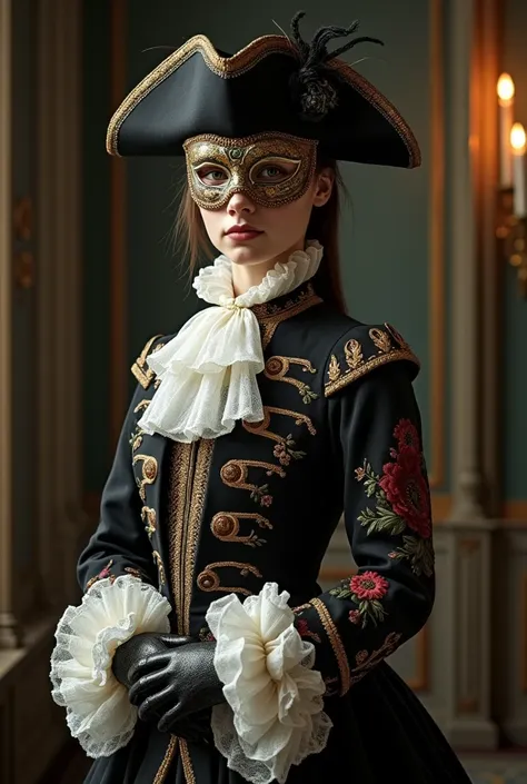 Misterious  young women dressed in 18century men suit baroque costume, floral ornaments frock coat, big ru ffled jabt cravat, cuffs, tricotn hat, musketeer boots, masquerade mask