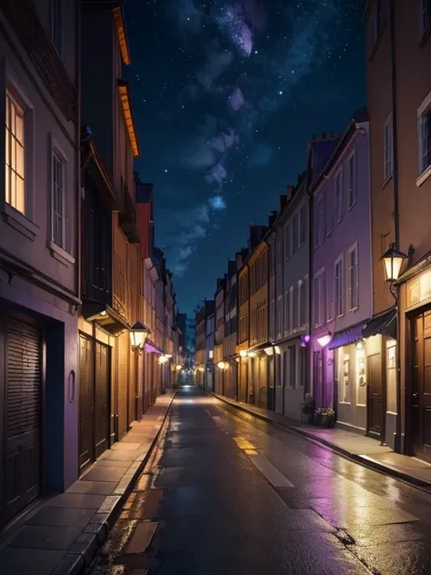 une longue rue vue en contre plongé prés du sol, il fait nuit, au loin une lueur vive de couleurs violette et mauve dans le ciel qui traverse la portion de ciel visible par limage, un hélicoptère fonce a vive allure vers la lueur au premier plant de limage...