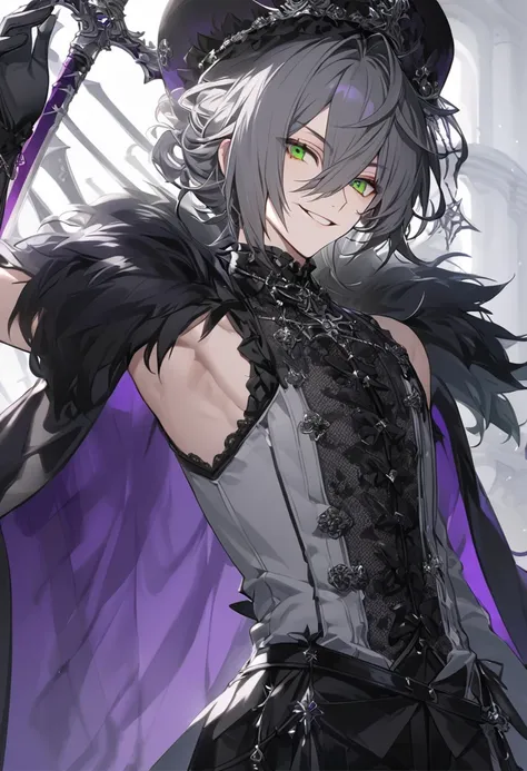 male,Black frills,Dark gray hair,Gothic,Handsome,可愛い系Handsome,White costume,Messy hairstyle,Long Bangs,Cool,ring,smile,Plush hat,Shoulder Bare,Sleeveless,Black Gloves,Fair skin,tall,See-through purple cape,Silver decoration,Green eyes,Dual Swords,Alluring,...