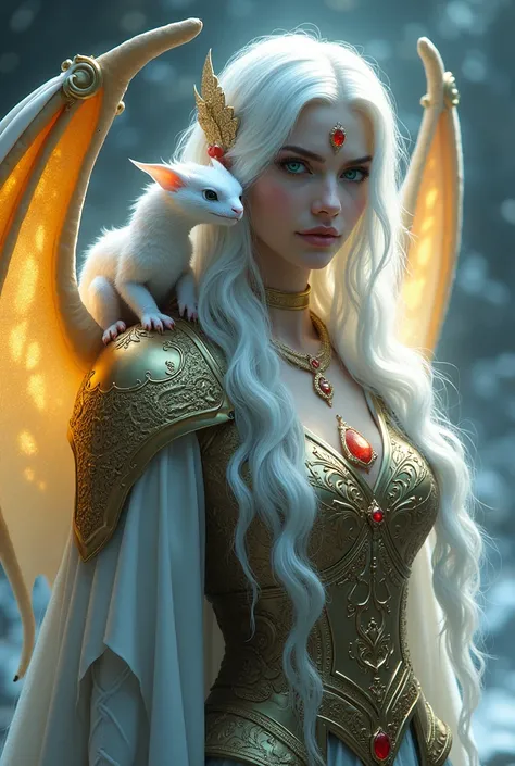 create a being from mythology , he has one green eye and one blue eye, her hair is white and long, he has a golden dragon wing that is white and glows inside,he wears medieval clothes and ruby armor, also uses a valkyrie, on her forehead there is a small r...