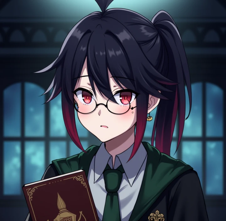 man,Black hair,Red hair ends,white skin,Red eyes,Wear glasses,Wearing a male student uniform,Hands holding a book,Ponytail,Green tie,Black student uniform,Ear piercing,Wear cross earrings,The shirt pocket has the Hogwarts logo.,Put on your Slytherin robes,...