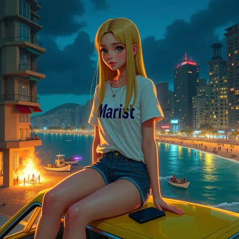 In a dark fantasy and comic book style scene, a young girl, with long hair blond hair, smooth. She is sitting on the roof of a yellow car, with a simple look, wearing a white t-shirt, with the word Marist, with dark blue letters, at chest height, short sho...