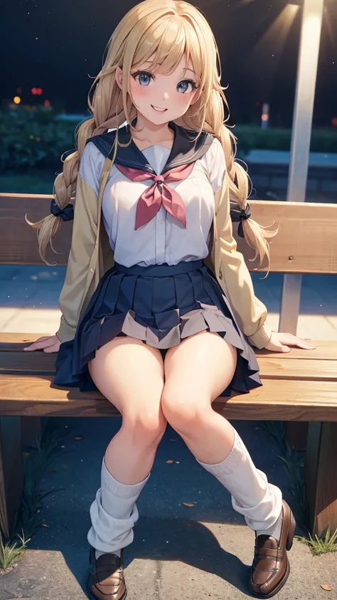 (1) A woman is sitting cross-legged on a bench. (2) The woman is a gal, with a childish face but heavy makeup. She has long blonde hair. 2 braids, (3) The woman is wearing a sailor uniform, a mini-skirt and loose socks (4) The womans expression is a smile....