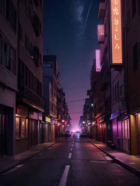 a long street seen from close to the ground, its nighttime, in the distance a bright purple and mauve glow in the sky crosses the portion of sky visible in the image, a helicopter speeds towards the glow in the foreground of the image, (masterpiece:1.3), (...