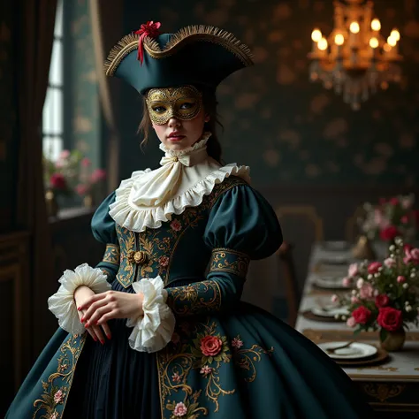 Misterious  young women dressed in 18century men suit baroque costume, floral ornaments frock coat, big ru ffled jabt cravat, cuffs, tricotn hat, musketeer boots, masquerade mask