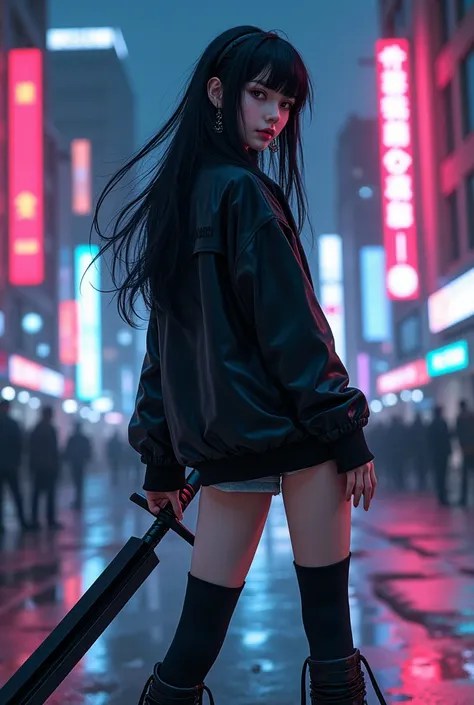 adult anime female with high top sneakers in a futuristic city. black eyes, long black hair with a pitch black sword in a fighting stance. looking nonchalant too in the night time.