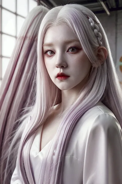 a full body woman with white hair, wearing a purple dress, (g)i-dle, 8k)), red eyes, white skin, red cherry, princess in real li...