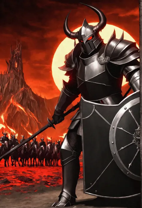 Army of devil knight with black armours, devil horn helmet, black steel sword, shield, blackb steel spear, shadow horses, legion of knights, hell kingdom, black moon, black knights red eyes, magma, hell field.