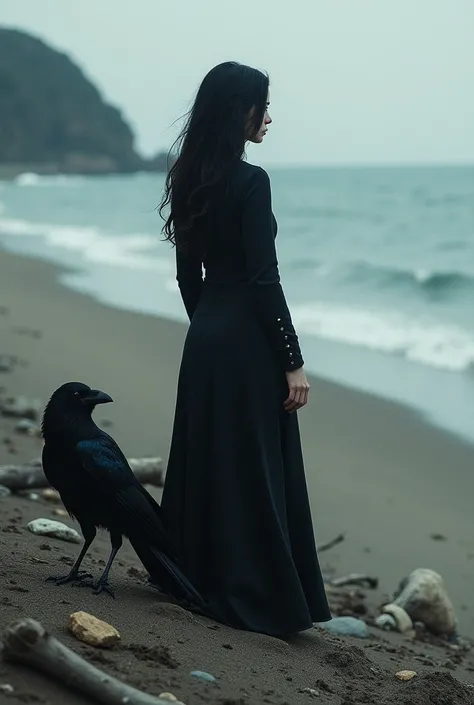 Crow beside black hair woman on bank at the beach from behind