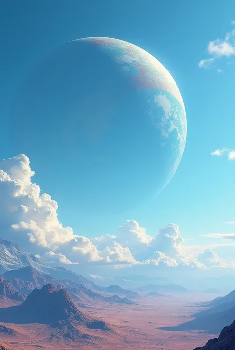 Clear sky with few clouds on a giant alien planet in the background 