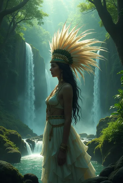 A dense forest with waterfalls and a feather headdress of Cabocla Jurema

