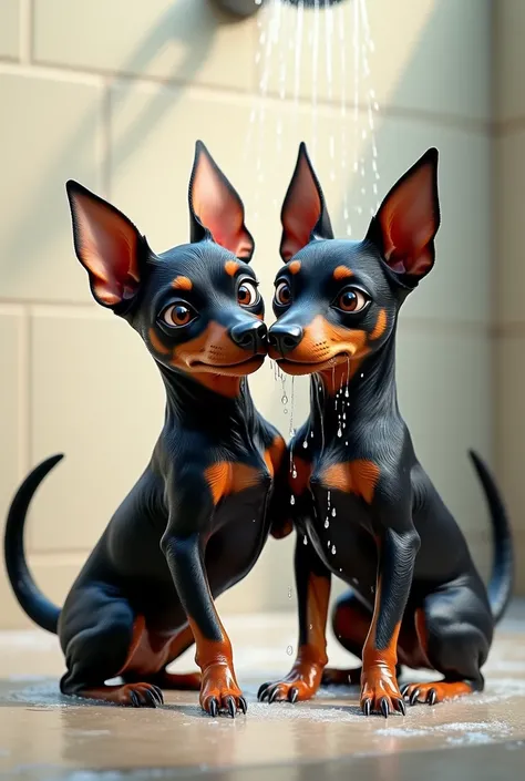 A couple of small black pinscher dogs, the female has an angry face with pointy ears and a long tail.. the male with a nice face, ears down, tail cut off. Giving each other a shower 