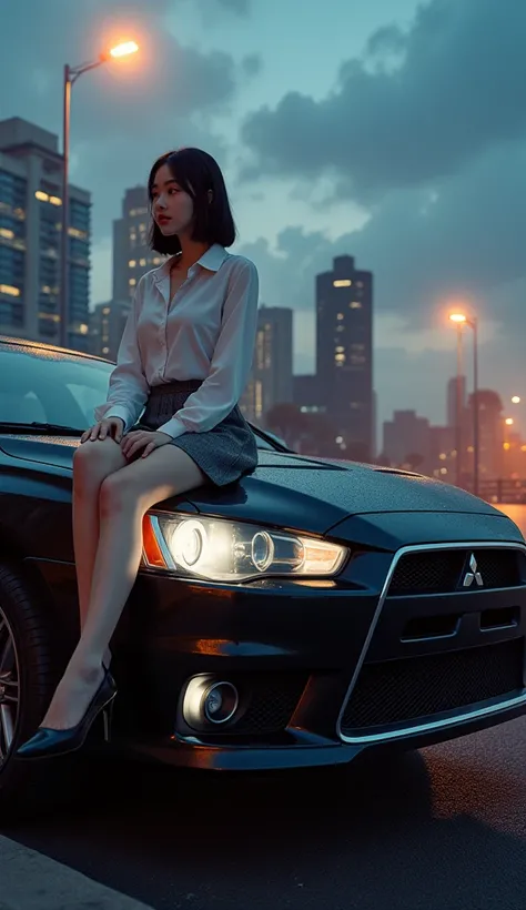 Mitsubishi lancer black with a beautiful chinese girl wearing white shirts, Gray skirt,  sitting on the bonnet, bob hair,with jakarta background in daynight, in realistic style picture