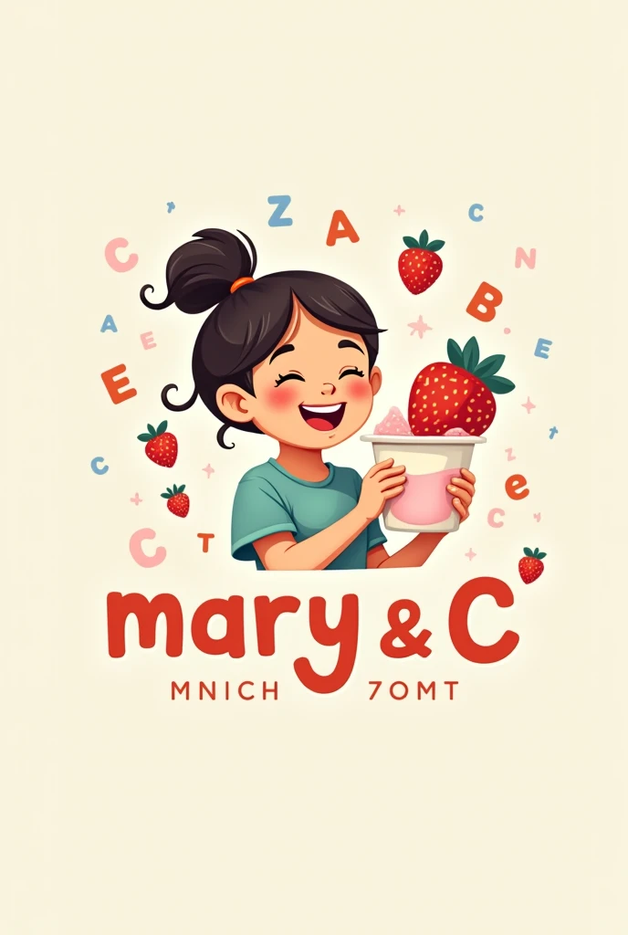 Generate a logo for me where a girl appears holding a yogurt container that contains a strawberry and below there are some floating letters that say Mary & c