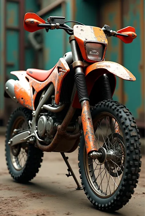 A very detailed book, Photorealistic rendering of a klx650, motocross bike, 8K, hyperrealistic, volumetric lighting, intricate mechanical details, Chrome accents, Worn paint, dramatic camera angle, film composition, changing lighting, gritty industrial env...