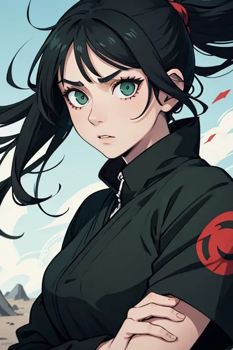 1 female in jujutsu kaisen , green eyes , long black hair, bothers , sideways