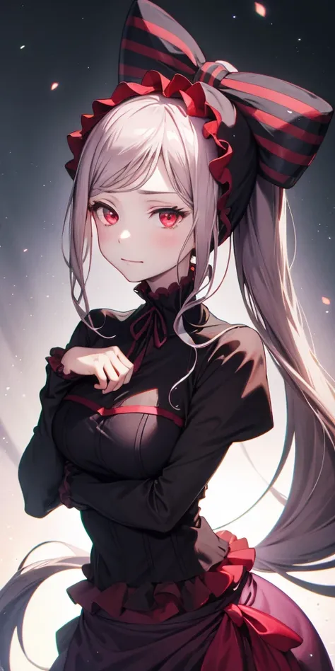 , best quality, Shalltear V4, 1 girl, alone, skirt, decorate, bow, hair bow, direction, faint smile, pale skin, luminescent, luminescent eyes, portrait