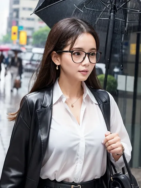 Summer daytime office district、An office lady caught in a sudden rain shower、Her white blouse is wet and transparent、Sweating、Wearing black-rimmed glasses、A leather bag is slung diagonally across one&#39;s shoulder.、Full body images、Highest quality、People ...