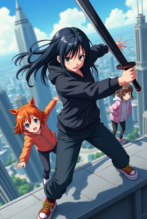 adult anime female with in a futuristic city. black eyes, long black hair with a pitch black sword in a fighting stance. facing backwards on a skyscraper. An enthusiastic girl with bright orange hair beside her and a boy with brown hair next to her. all of...