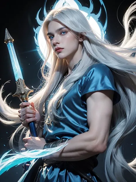 young man, very handsome, long white hair, blue eyes, wearing a blue tunic, blue fire flames, blue fire in the background of the image , blue fire, fox eyes, fuller face, with defined jawline, 8k, super detail, top quality, long white hair, no shirt , a go...