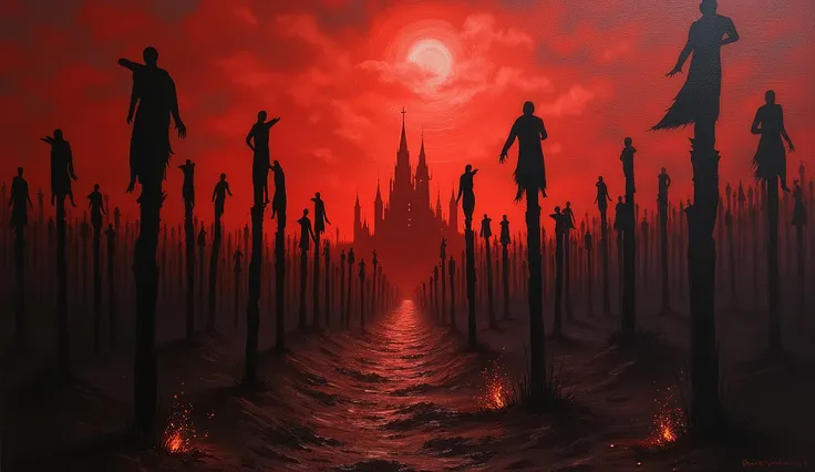 oil painting of a nightmare landscape, background with a red sky with clouds, figures and shadows of many dark shadows of people stuck high up to the stakes in strange postures.
 many stakes, forming a forest of stakes, in a terrifying landscape, approachi...