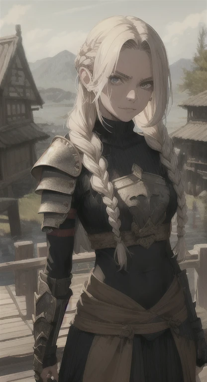 Ancient bandit, lady sareph, bandit braids, looking at viewer blankly, intimidating smirk, long messy hair, ancient kingdom , ancient bandit armor, bandit tattoos, wooden bridge,