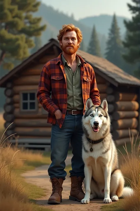 I would like a short man in front of a cabin with a Siberian husky, red plaid shirt brown ankle boots and medium beard redhead brown hair and dark green eyes.