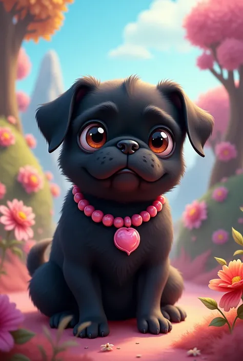 Create a fantasy image of my pet. She is a pug breed dog. Her fur is BLACK.. Wear a pink necklace.She is very naughty, tender, companion and I love her little eyes. Do it in colorful Disney style. He has a small scar on his little nose and his ears are fol...