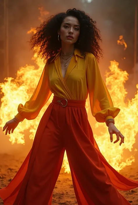 One who manipulates fire, she is white.curly black hair wears yellow brown blouse and yellow brown and red pants