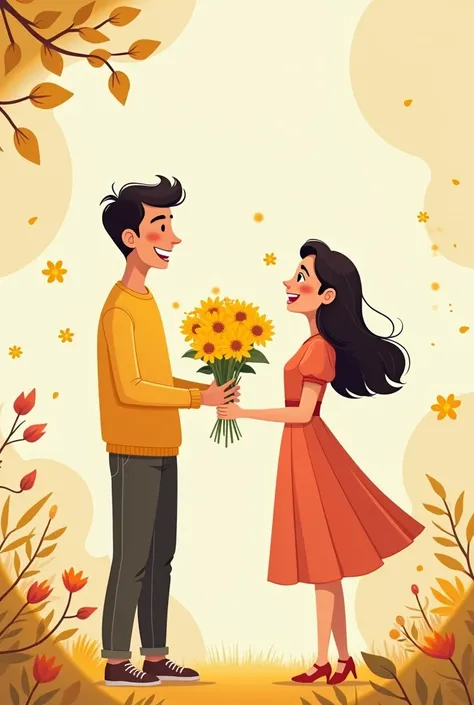 A cartoon of a man giving yellow flowers to a woman