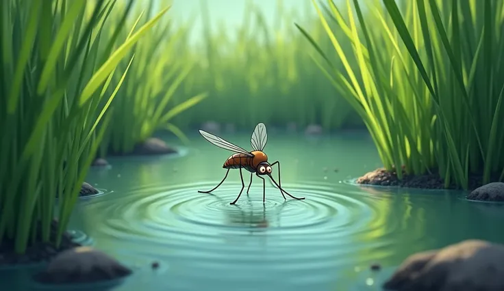 A mosquito in a small puddle surrounded by green reeds in animated version 