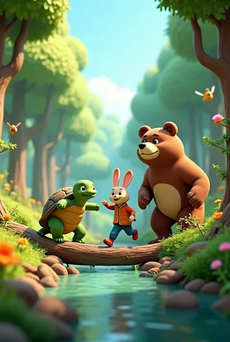 Need 3D animation style"Forest Challenges**: What obstacles do the turtle rabbit and bear face while improving their forest home?