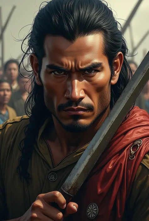 Face of a Filipino during colonialism with a weapon as if going to war
