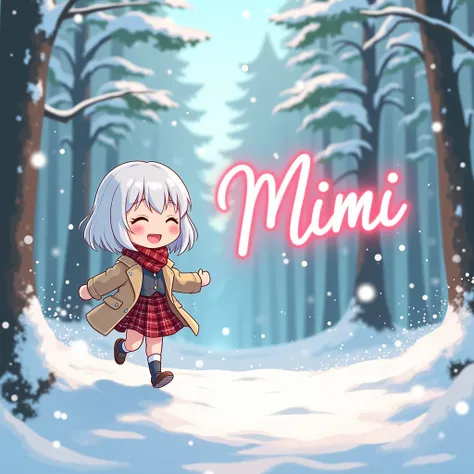 ​erma_QPskin. Masterpiece, top-quality, ultra-detailed, (Chibi Chara:1.27), On the way off school, The white bob sways in the wind, glen plaid miniskirt, high socks, Trench coat for the winter, fairy tale snow forest, a smile, running happily, full body Se...