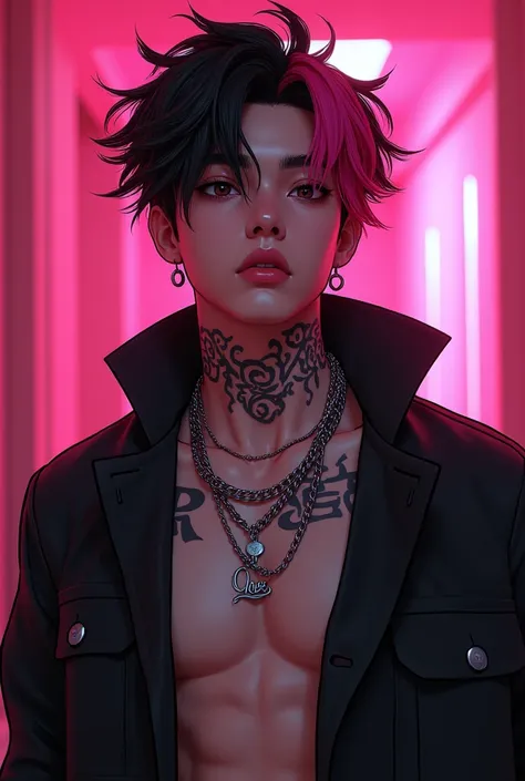 Korean boy wearing a open button black jacket wearing a necklace with a name of Jose and wearing sunglass have tattoo at neck and have a black pink hair color and have a background of PINK MAFIA HOUSE