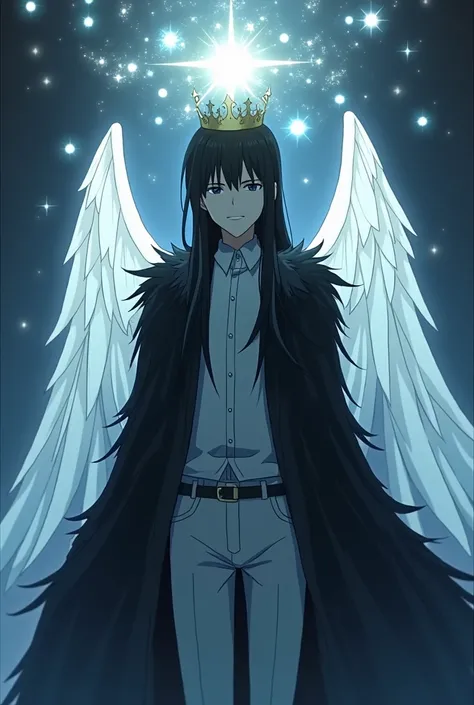 thin man with straight black hair that reaches his shoulder, he wears a white shirt and on top of that he wears a cape with black feathers, he has transparent fairy wings, a crown of stars stands out on his head, screencap from fate zero, ufotable season 